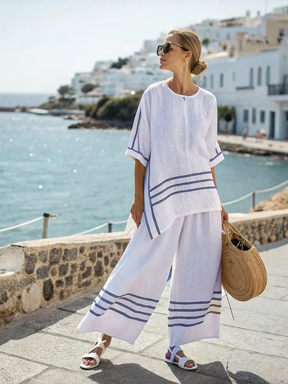 Retro Vacation Printed Striped 2Piece Set Half Sleeve Oversize Pullover Top+Long Pants Casual Women Patchwork Pocket Set Outfits
