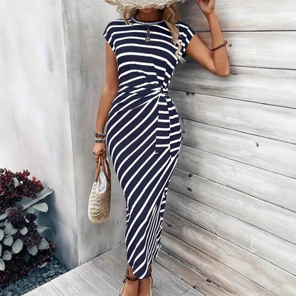 Women's Casual round Neck T-shirt with Waist Strap Short Sleeve Long Bodycon Dress Elastic Waist Other Fabric Other Composition