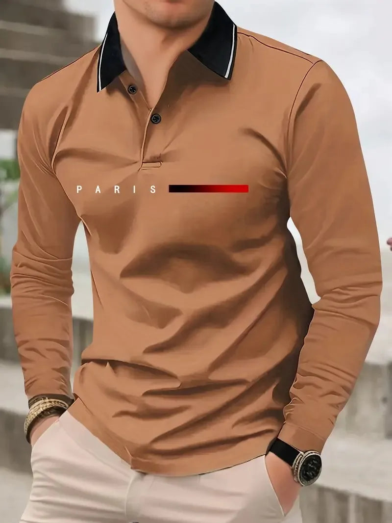 The new men's long-sleeved POLO shirt for Spring and Autumn 2025 featuring street fashion and comfort with 3D letter printing