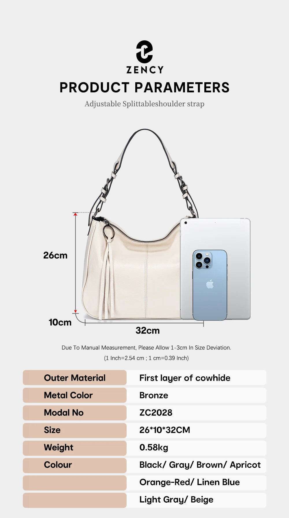 Zency Genuine Leather Hobo Bag Women Simple Classic Casual Handbag Shoulder Tote Soft Crossbody Large Pockets Tassel Bags