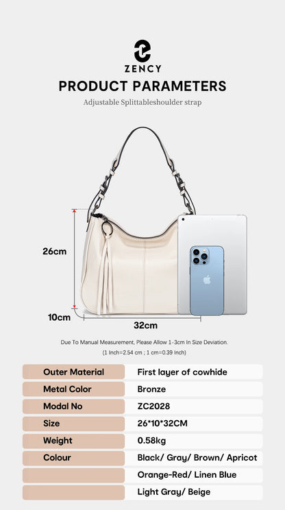 Zency Genuine Leather Hobo Bag Women Simple Classic Casual Handbag Shoulder Tote Soft Crossbody Large Pockets Tassel Bags