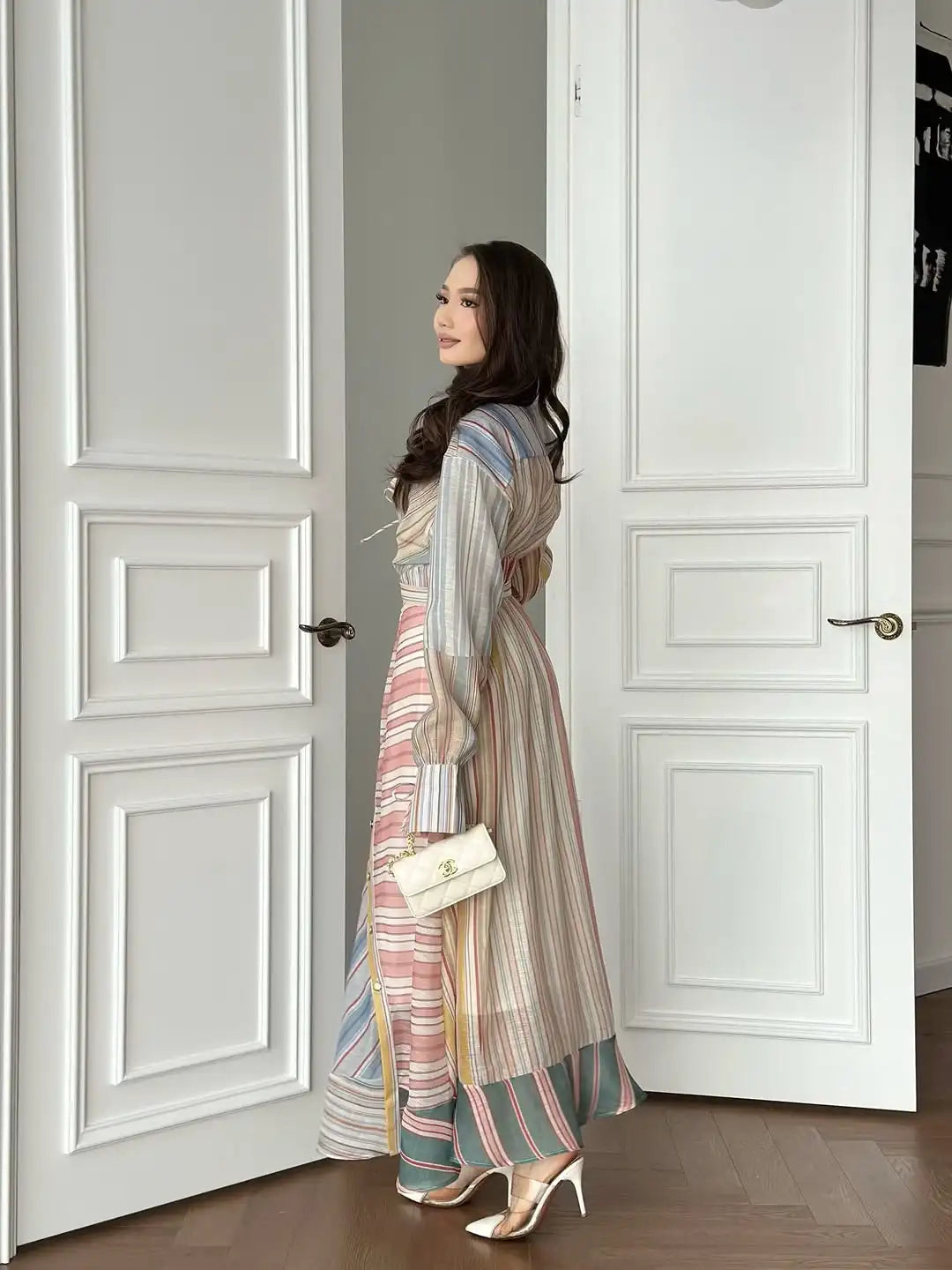 Women Multicolor Striped Maxi Dress Collared Waist Belt Wrap Long Sleeve Ruffle Hem Casual Summer Dress 2026 Trendy Lady Robe
