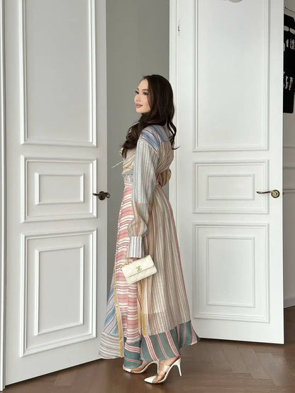 Women Multicolor Striped Maxi Dress Collared Waist Belt Wrap Long Sleeve Ruffle Hem Casual Summer Dress 2026 Trendy Lady Robe
