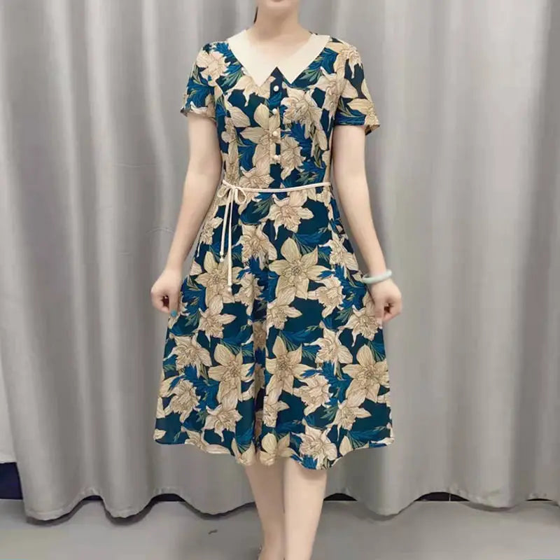 Women’s Vintage Floral Midi Dress – Peter Pan Collar Short Sleeve Button Dress