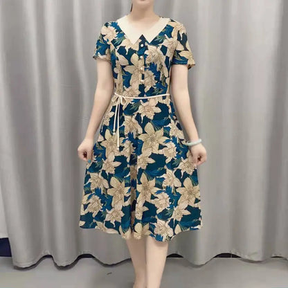 Women’s Vintage Floral Midi Dress – Peter Pan Collar Short Sleeve Button Dress