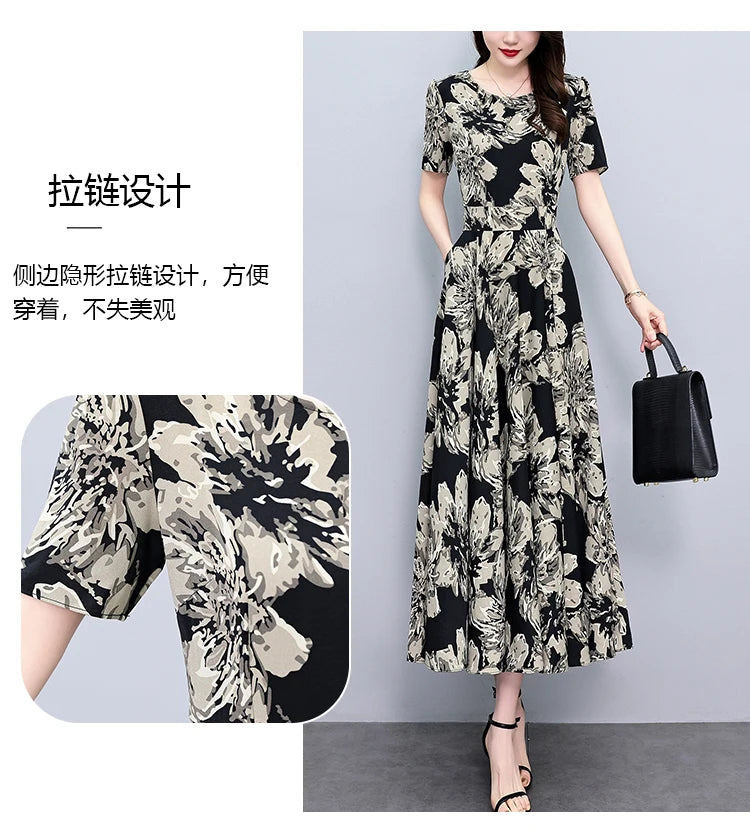 2024 Summer Floral Casual Long Sundress Women Elegant Bodycon Party Chic Prom Night Dresses Fashion Vintage Black Luxury Clothes