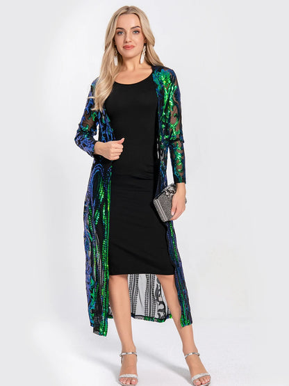 Women Sexy Long Sequin Open Front Mesh Cardigan Embroidery Long Sleeve Blouse Cover Up Coat Evening Prom Party Tops