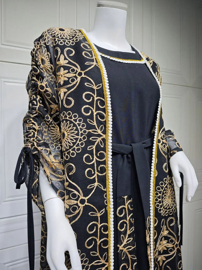 Eid Muslim Abayas for Women Party 2 Piece Set Embroidery Cardigan Robe Lace Up Dress Morocco Kaftan Islam Ramadan Dubai Vestidos
