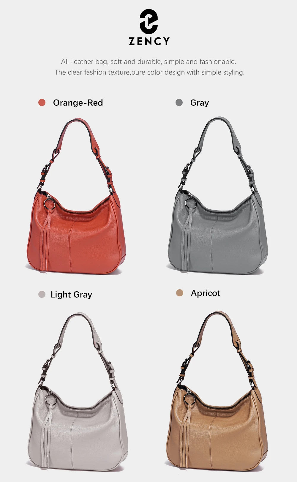 Zency Genuine Leather Hobo Bag Women Simple Classic Casual Handbag Shoulder Tote Soft Crossbody Large Pockets Tassel Bags