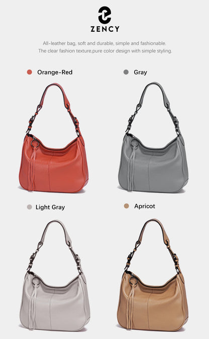 Zency Genuine Leather Hobo Bag Women Simple Classic Casual Handbag Shoulder Tote Soft Crossbody Large Pockets Tassel Bags