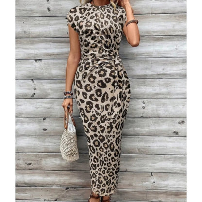 Summer New Long Dress Elegant Waist Strap Fashionable Striped Print Round Neck Short Sleeved High-end Women's Dress