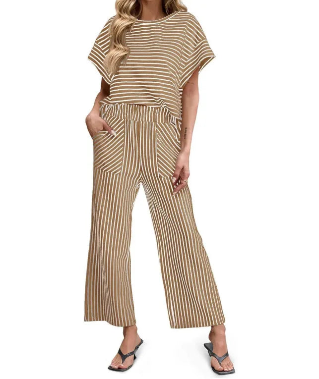 2026 New Women Pants Set Striped Casual Loose Fashion Comfortable Niche Round Neck Elastic Waist Daily Commuter Style Pants Set