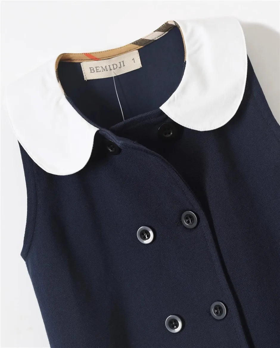 Girls Dress Summer Party Sleeveless  Plaid Dress Cotton Kids Dresses College Style Pleated Skirt Navy Blue New Year Costumes