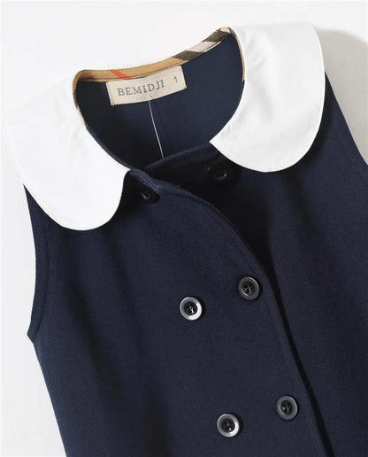 Girls Dress Summer Party Sleeveless  Plaid Dress Cotton Kids Dresses College Style Pleated Skirt Navy Blue New Year Costumes