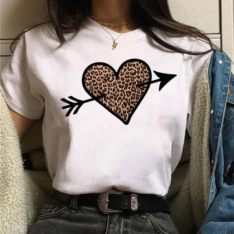 Leopard Print Simple Round Neck Lovely Woman Harajuku Graphic T Shirts Tops Summer Fashion Harajuku Sleeve Aesthetic Clothes