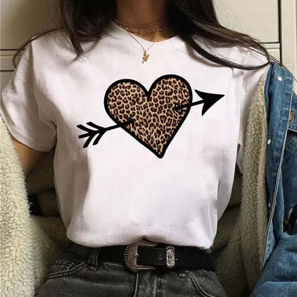 Leopard Print Simple Round Neck Lovely Woman Harajuku Graphic T Shirts Tops Summer Fashion Harajuku Sleeve Aesthetic Clothes