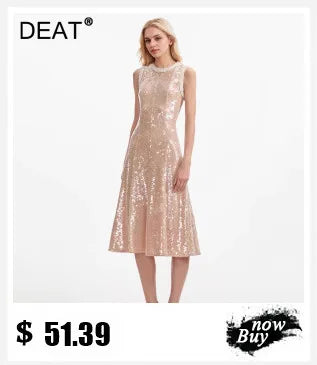 DEAT Fashion Apricot Water Diamond Slanted Shoulder Hollowed Out Sparkling Party Dress Women's Ankle-length Dresses New