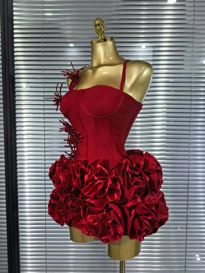 Red Black Women Sexy Halter Full Florals 2 Pieces Bodycon Mini Bandage Dress Celebrate Nightclub Party Birthday Outfit