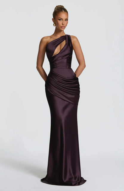 Women Green Ruched Elegant Satin Maxi Dress Mermaid One-shoulder Cutout Slim Fit Flowy Vestido 2026 Lady Summer Evening Vestidos