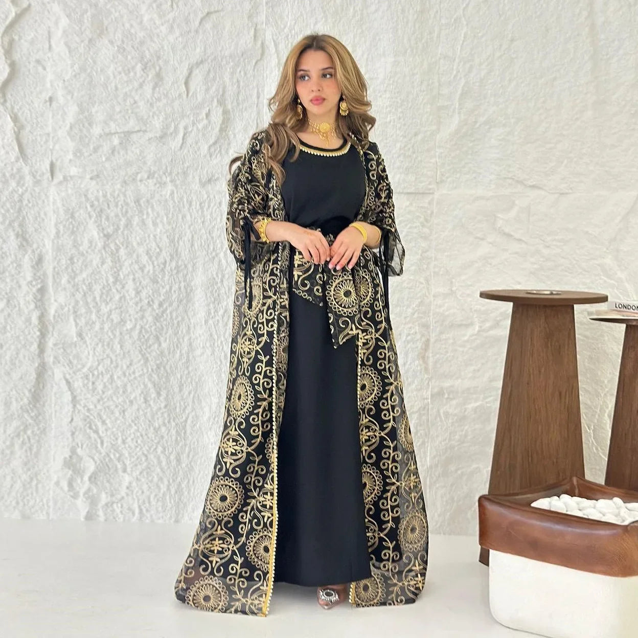 Eid Muslim Abayas for Women Party 2 Piece Set Embroidery Cardigan Robe Lace Up Dress Morocco Kaftan Islam Ramadan Dubai Vestidos