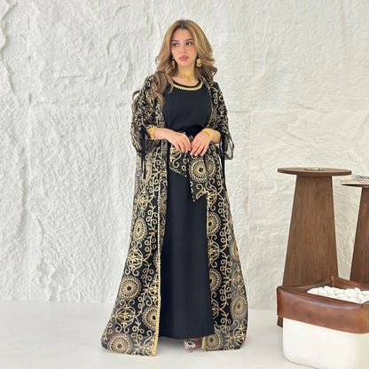 Eid Muslim Abayas for Women Party 2 Piece Set Embroidery Cardigan Robe Lace Up Dress Morocco Kaftan Islam Ramadan Dubai Vestidos