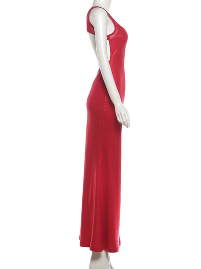 Weird Puss Christmas Backless Sequin Dress Women Sexy Sleeveless Low-Neck Stretch Skinny Elegant Fashion Party Club Maxi Bodycon
