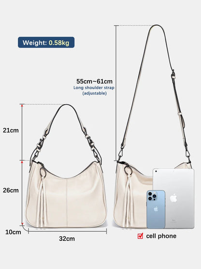 Zency Genuine Leather Hobo Bag Women Simple Classic Casual Handbag Shoulder Tote Soft Crossbody Large Pockets Tassel Bags