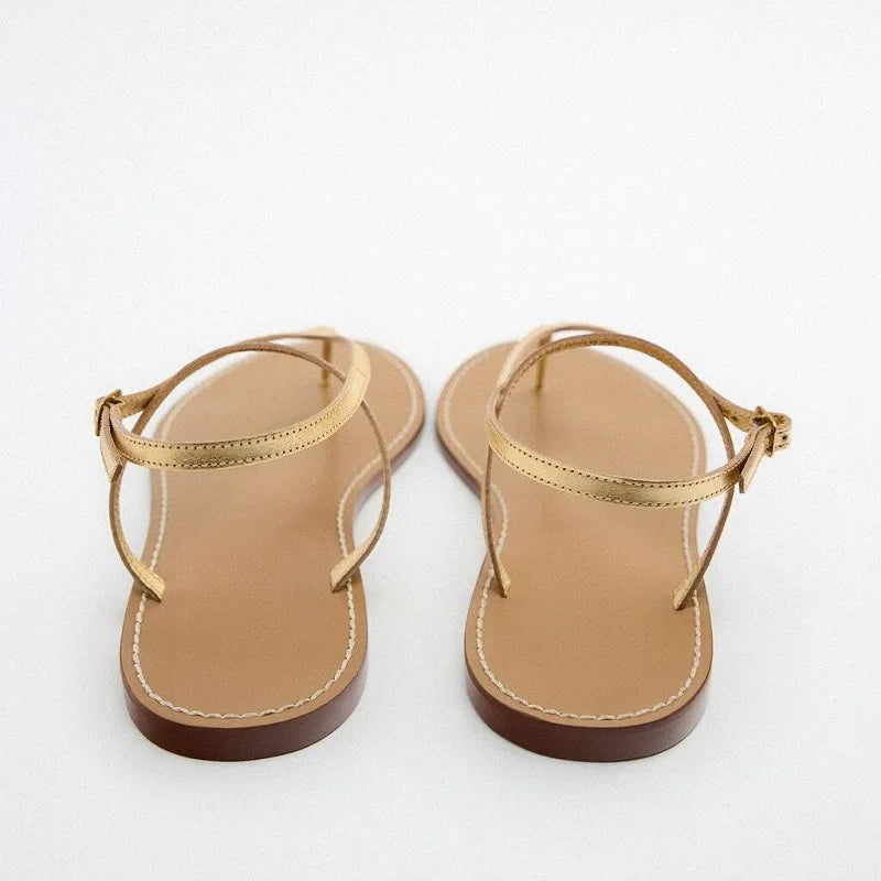 narrow band gold leather flat sandals women 35-43 big size summer jandal sandalias mujer T-strap flat Roman sandales femmes été