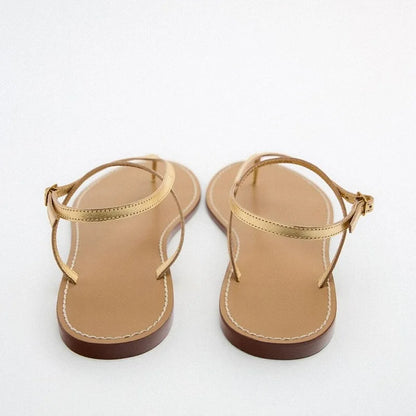 narrow band gold leather flat sandals women 35-43 big size summer jandal sandalias mujer T-strap flat Roman sandales femmes été