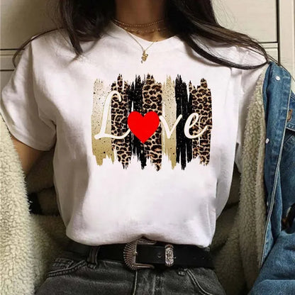 Leopard Print Simple Round Neck Lovely Woman Harajuku Graphic T Shirts Tops Summer Fashion Harajuku Sleeve Aesthetic Clothes