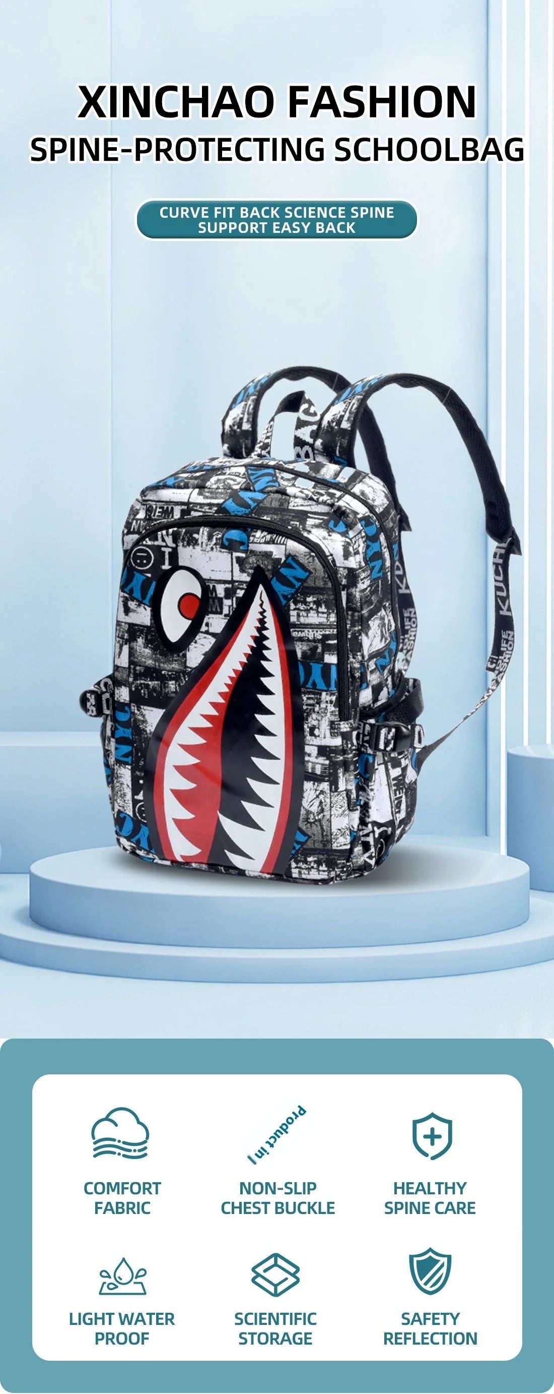Black White School Satchel Unisex Casual Daypack Lightweight Women Back Bag Designer Shark School Bag Teenage Girls Boys College