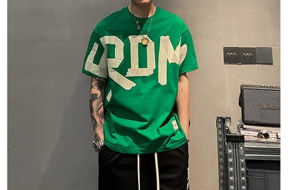 2023 Summer Casual All-match Trend Korean Fashion Short Sleeve Round Neck Solid Color Letter Printed Loose Fashion Youth T-shirt