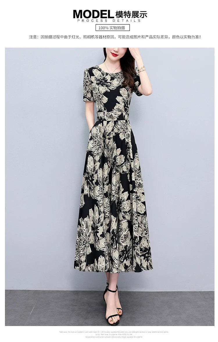 2024 Summer Floral Casual Long Sundress Women Elegant Bodycon Party Chic Prom Night Dresses Fashion Vintage Black Luxury Clothes