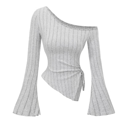 women's New off shoulder cross long sleeved slim fit casual street style asymmetrical elegant T-shirt trumpet sleeve top