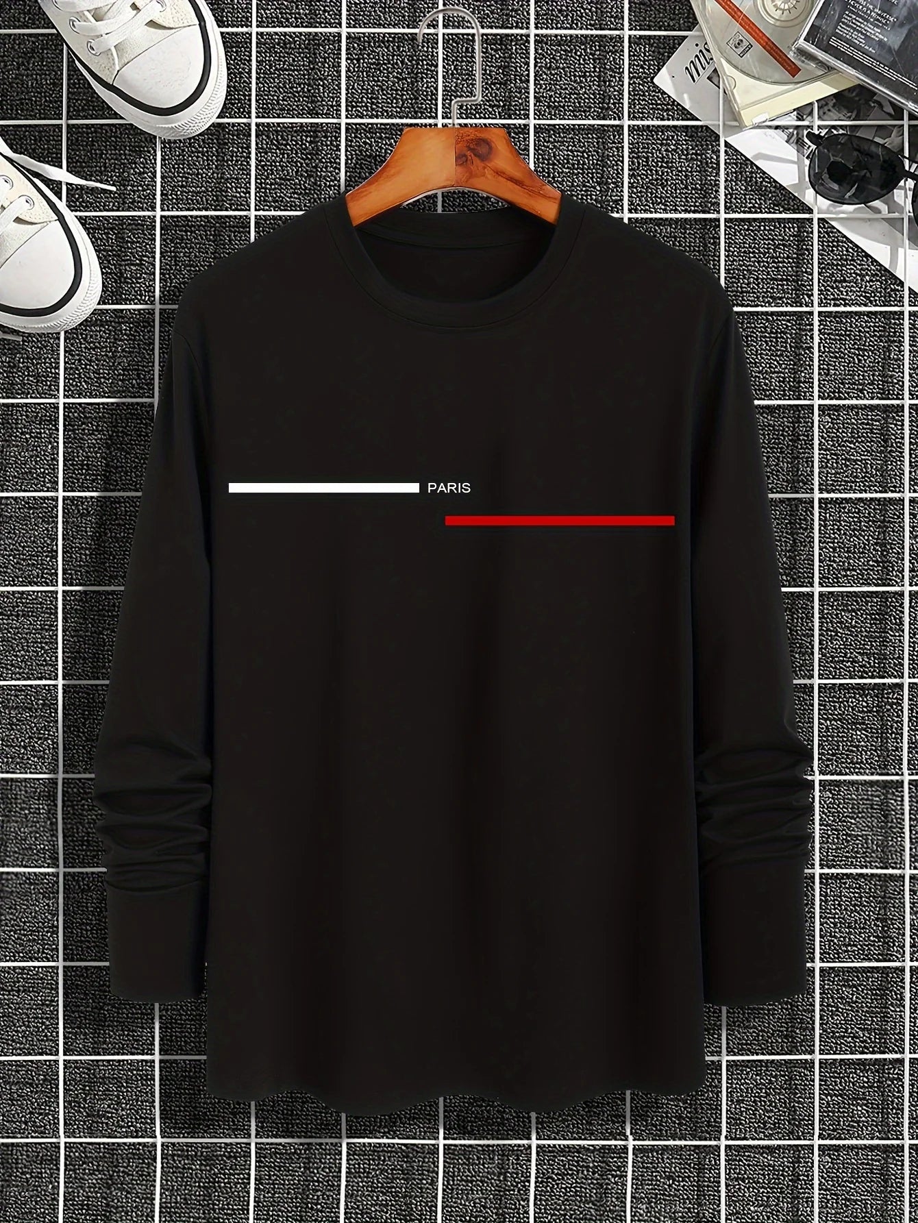 Men's 100% pure cotton summer loose comfortable casual  PARIS print large round neck long sleeve T-shirt top