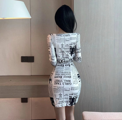 8186Europe and America2026Cross-border foreign trade American-style spicy girl newspaper print slimming long-sleeve dress trendy