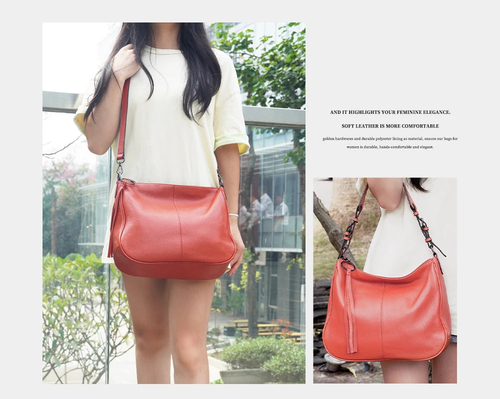 Zency Genuine Leather Hobo Bag Women Simple Classic Casual Handbag Shoulder Tote Soft Crossbody Large Pockets Tassel Bags