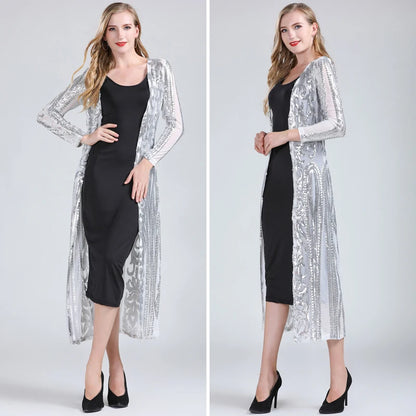 Women Sexy Long Sequin Open Front Mesh Cardigan Embroidery Long Sleeve Blouse Cover Up Coat Evening Prom Party Tops