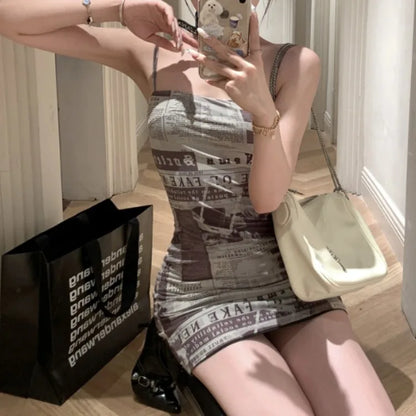 Dress for Women Korean Style Tight Newspaper Printed Dress Summer Hot Girl Suspender Short Skirt Pure Desire Long Sleeved Dress