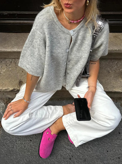 hirigin Women Knitted Crop Cardigan Shirt Short Sleeve Button Down Ribbed Knit Crop Top Y2k Girls Outwear Top Tee Shirt
