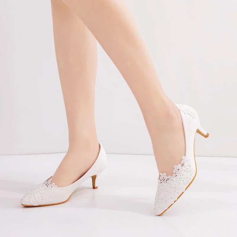 XIHAHA Fashion Women's Crystal Queen White Lace Flower Wedding Shoes Woman Point Toe Slips Lady Dress Flats Sneaker Big Size 43