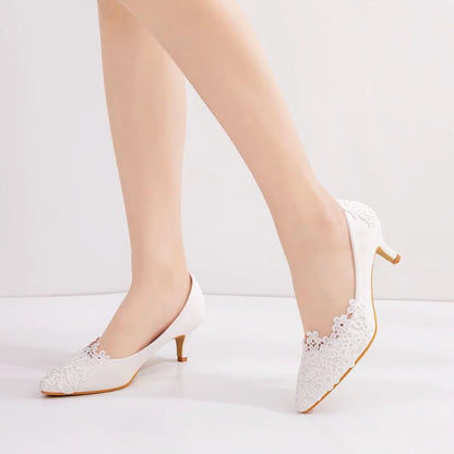 XIHAHA Fashion Women's Crystal Queen White Lace Flower Wedding Shoes Woman Point Toe Slips Lady Dress Flats Sneaker Big Size 43