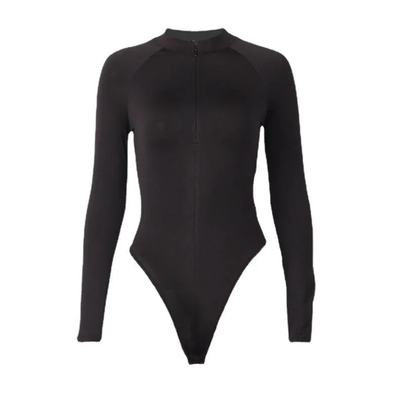 Sexy Long Sleeve Bodysuits for Women Solid Half High Neck Concealed Zipper Long Sleeve Jumpsuits Streetwear Casual Slim Fit Top