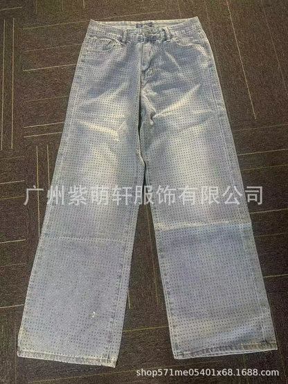 Japanese and Korean Casual Women's High Waisted Washed Denim Jeans, Loose and Slimming, Versatile and Rhinestone Hot Stamping