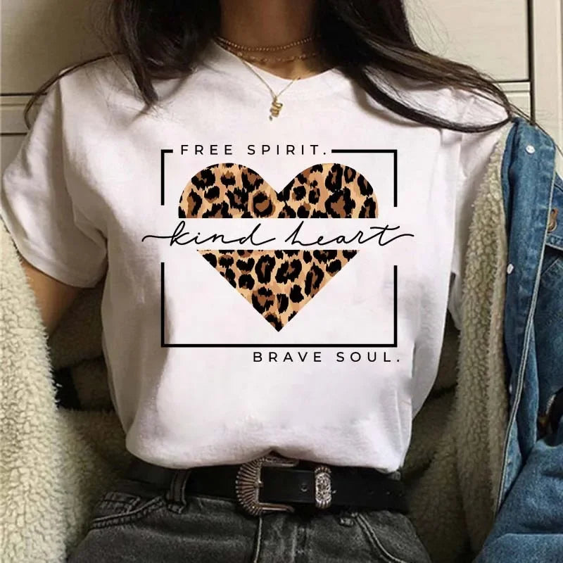 Leopard Print Simple Round Neck Lovely Woman Harajuku Graphic T Shirts Tops Summer Fashion Harajuku Sleeve Aesthetic Clothes