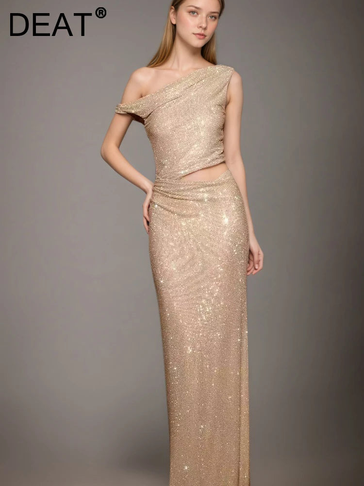 DEAT Fashion Apricot Water Diamond Slanted Shoulder Hollowed Out Sparkling Party Dress Women's Ankle-length Dresses New