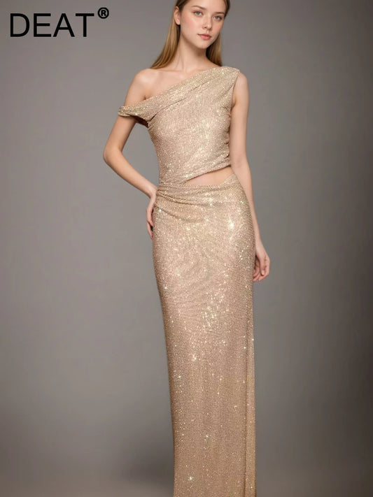 DEAT Fashion Apricot Water Diamond Slanted Shoulder Hollowed Out Sparkling Party Dress Women's Ankle-length Dresses New