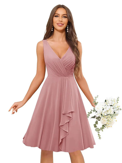 Short Bridesmaid Dresses for Women V-Neck Knee Length Pleated Ruffles Chiffon Evening Gown Evening Dresses Prom Party Dresses