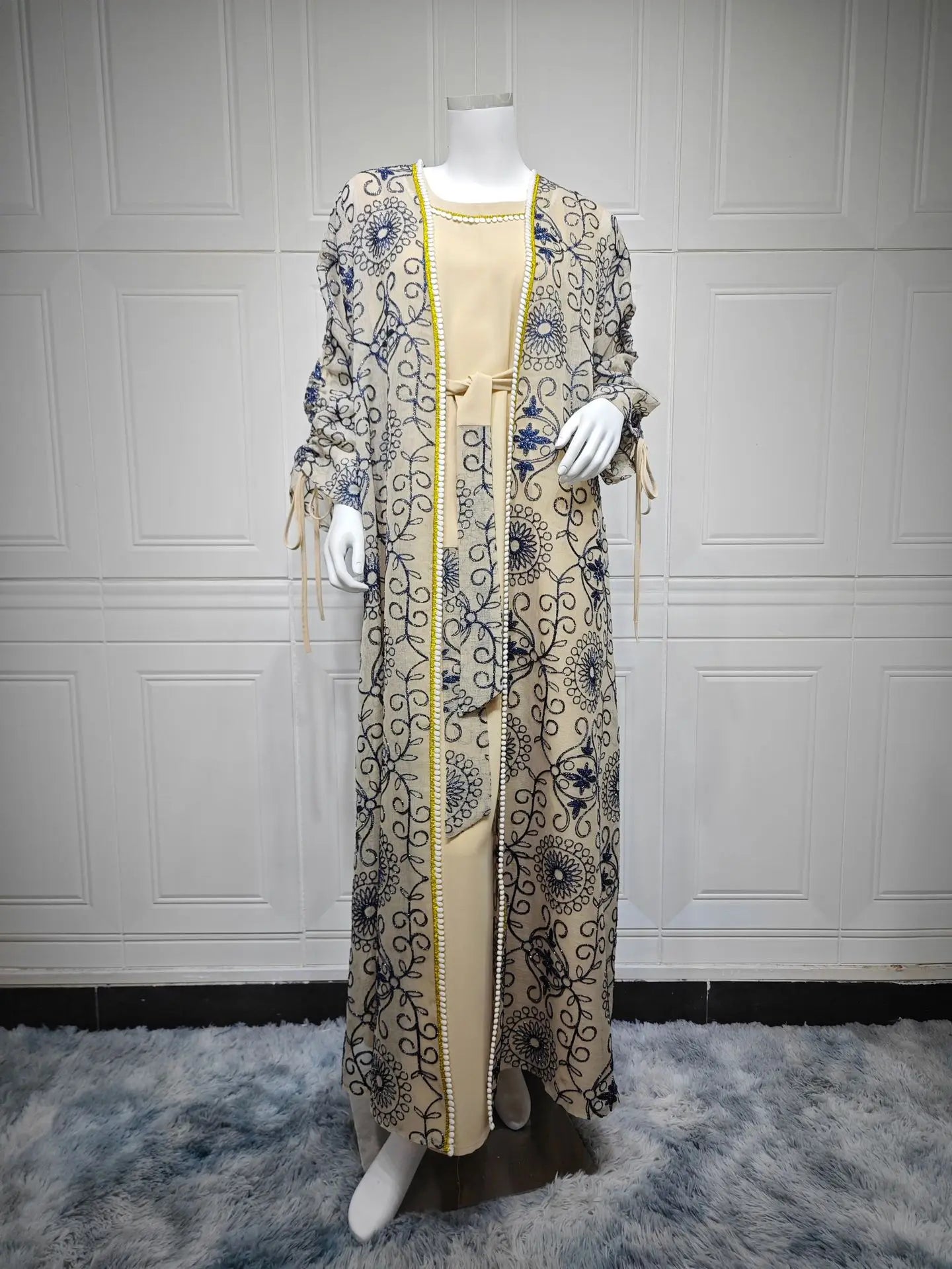 Eid Muslim Abayas for Women Party 2 Piece Set Embroidery Cardigan Robe Lace Up Dress Morocco Kaftan Islam Ramadan Dubai Vestidos