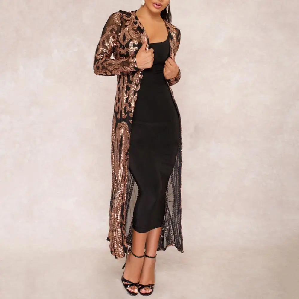 Women's Long Coat Sexy Sequin Perspective Long Sleeve Maxi Coat Gown Cardigan Vintage Evening Party Open Blouse кардиган женский